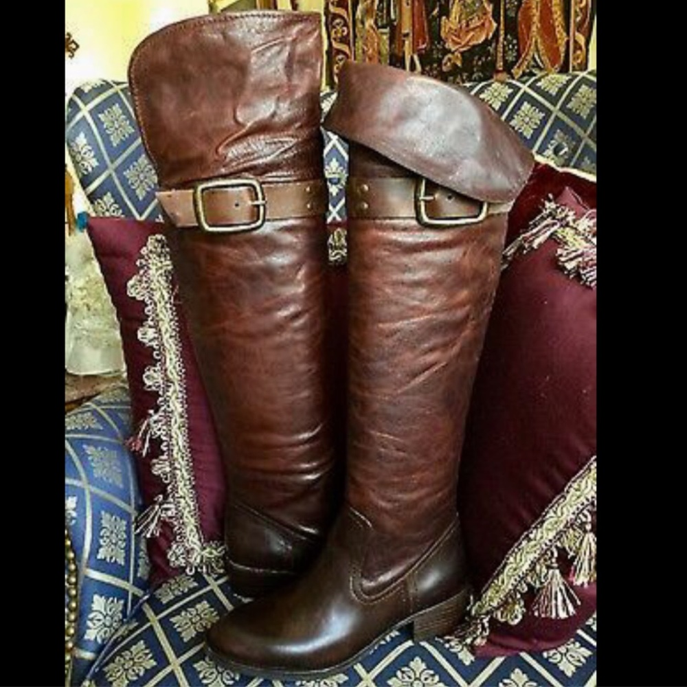 Jessica Simpson OVER KNEE Boots Buckle Riding BOOTS Leather Brown 6.5